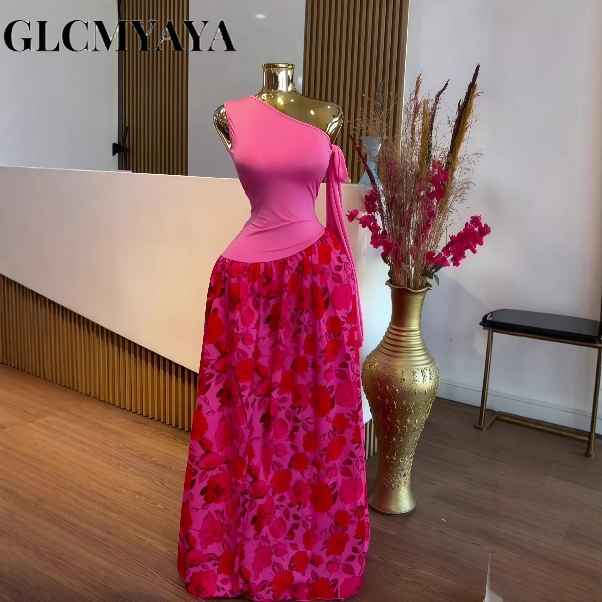 GLCMYAYA Women One Bowknot Shoulder Sleeveless Floral Printed Maxi Long Dress 2025 Vacation Sexy Party Club Vestidos Dresses