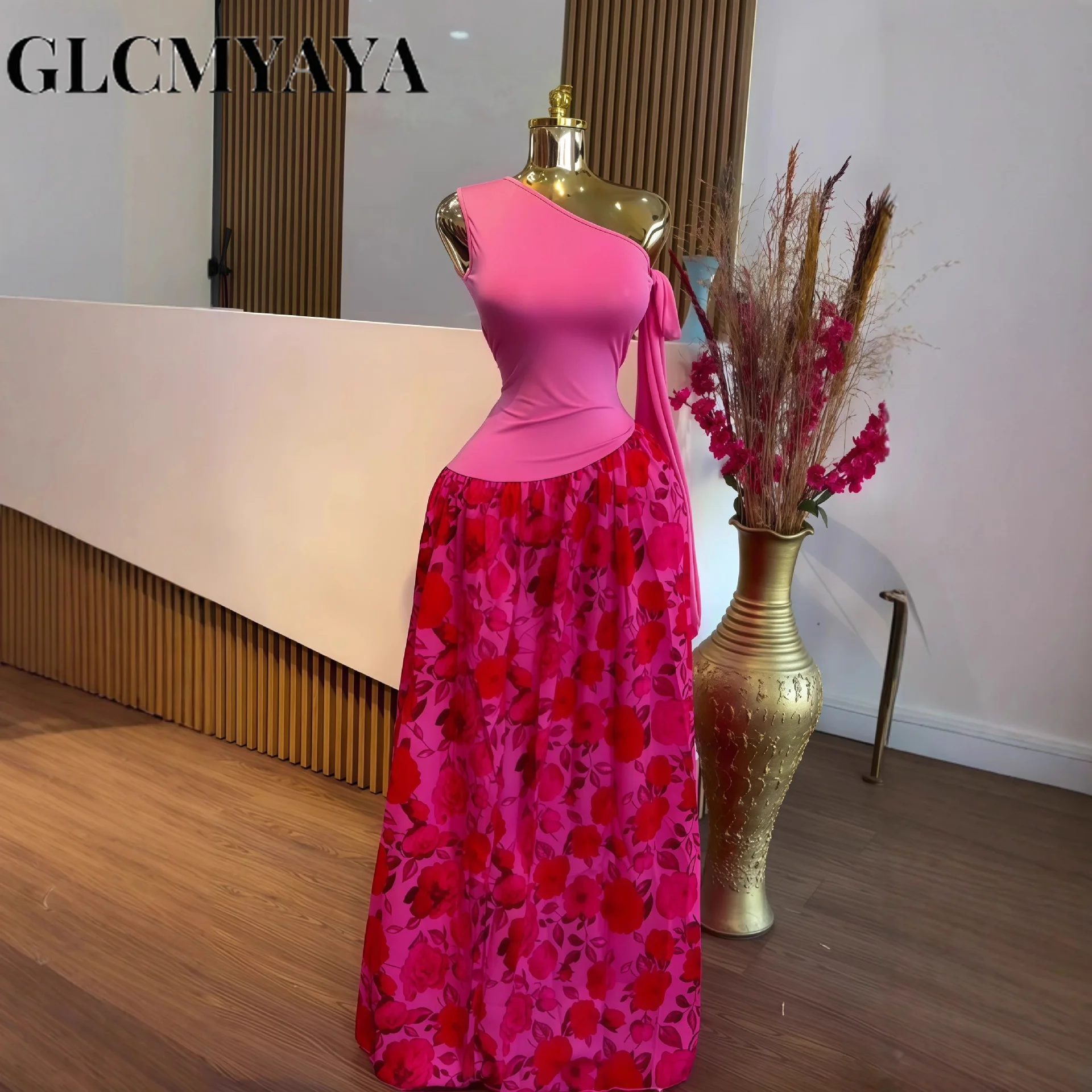 GLCMYAYA Women One Bowknot Shoulder Sleeveless Floral Printed Maxi Long Dress 2025 Vacation Sexy Party Club Vestidos Dresses