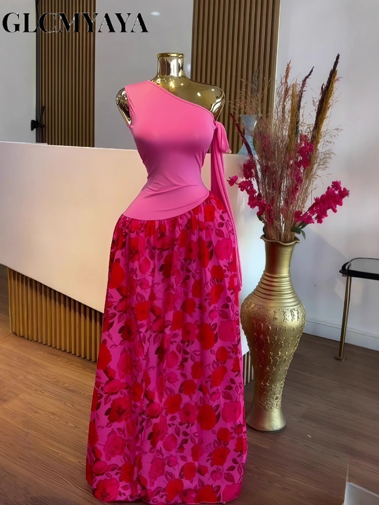 GLCMYAYA Women One Bowknot Shoulder Sleeveless Floral Printed Maxi Long Dress 2025 Vacation Sexy Party Club Vestidos Dresses