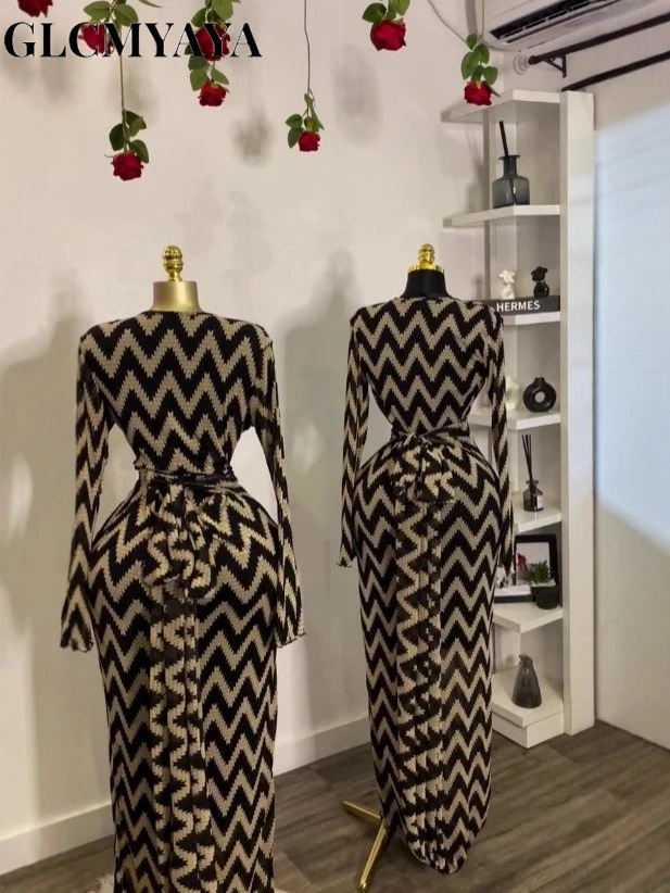 CM.YAYA Women Striped Print Sashes Full Sleeve Bodycon Long Dress 2025 Fall Evening Vacation Night Party Vestidos Sexy Dresses