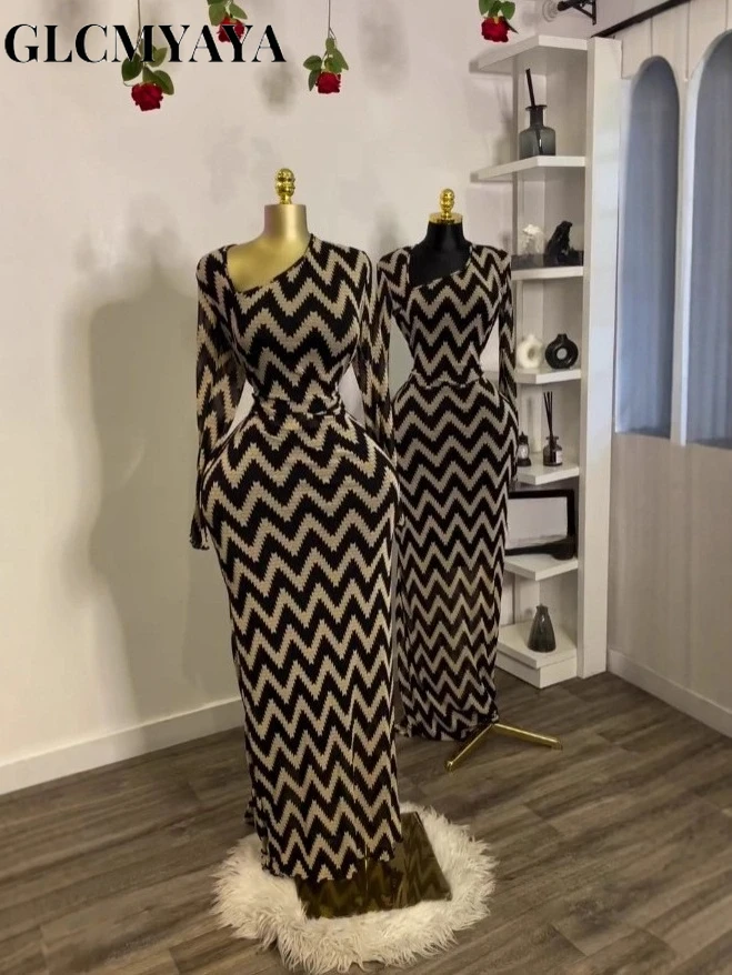 CM.YAYA Women Striped Print Sashes Full Sleeve Bodycon Long Dress 2025 Fall Evening Vacation Night Party Vestidos Sexy Dresses