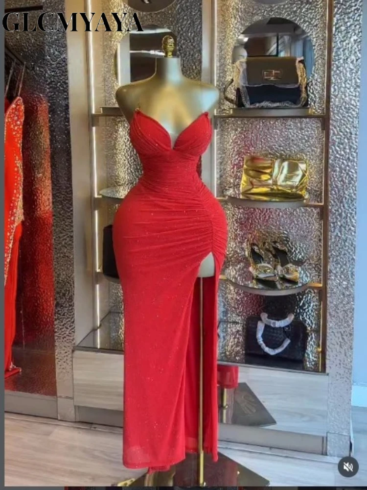 CM.YAYA Women Sequined Stacked Strap Side Split Bodycon Midi Maxi V-neck Dress 2026 Spring Summer Holiday Sexy Party Dresses