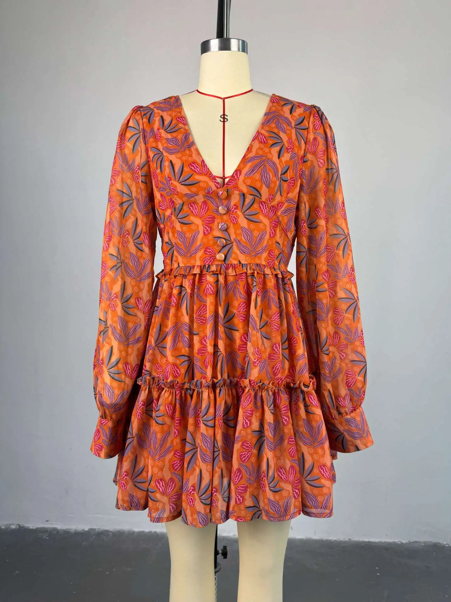 CM.YAYA Women V-neck Long Sleeve Pleated Mini Dress Sweet Elegant Floral Print Sexy Birthday Beach Night Party Vestidos Dresses