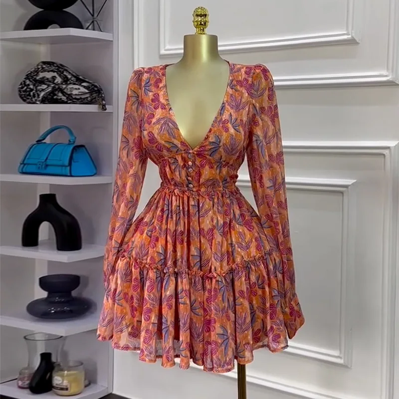 CM.YAYA Women V-neck Long Sleeve Pleated Mini Dress Sweet Elegant Floral Print Sexy Birthday Beach Night Party Vestidos Dresses