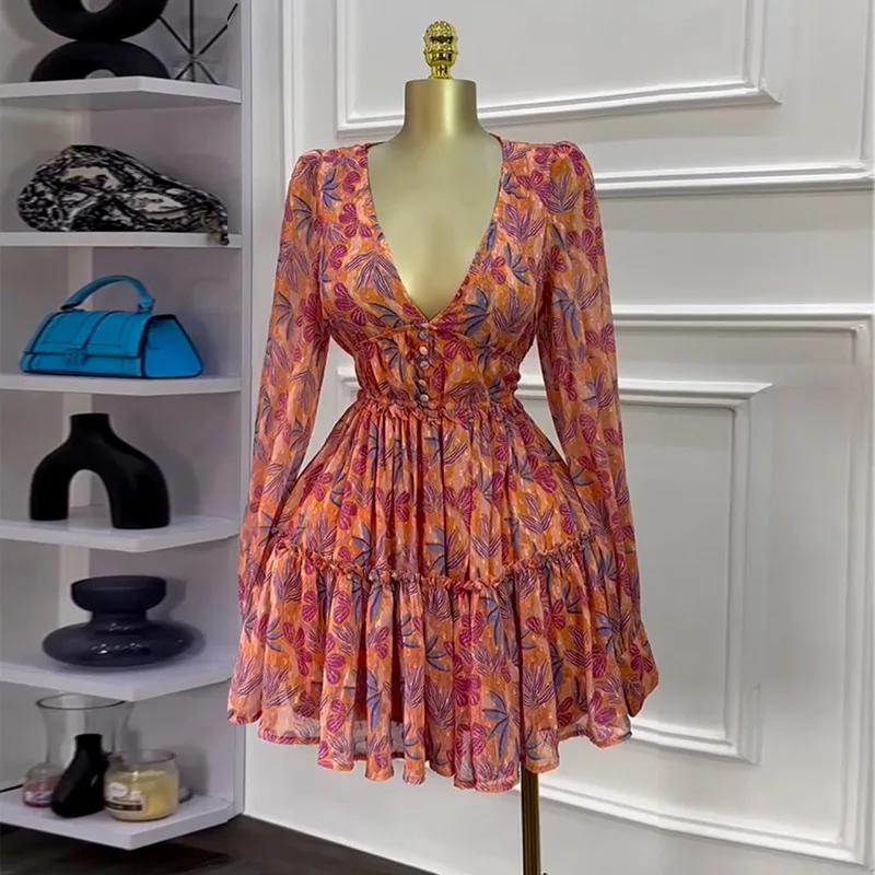 CM.YAYA Women V-neck Long Sleeve Pleated Mini Dress Sweet Elegant Floral Print Sexy Birthday Beach Night Party Vestidos Dresses