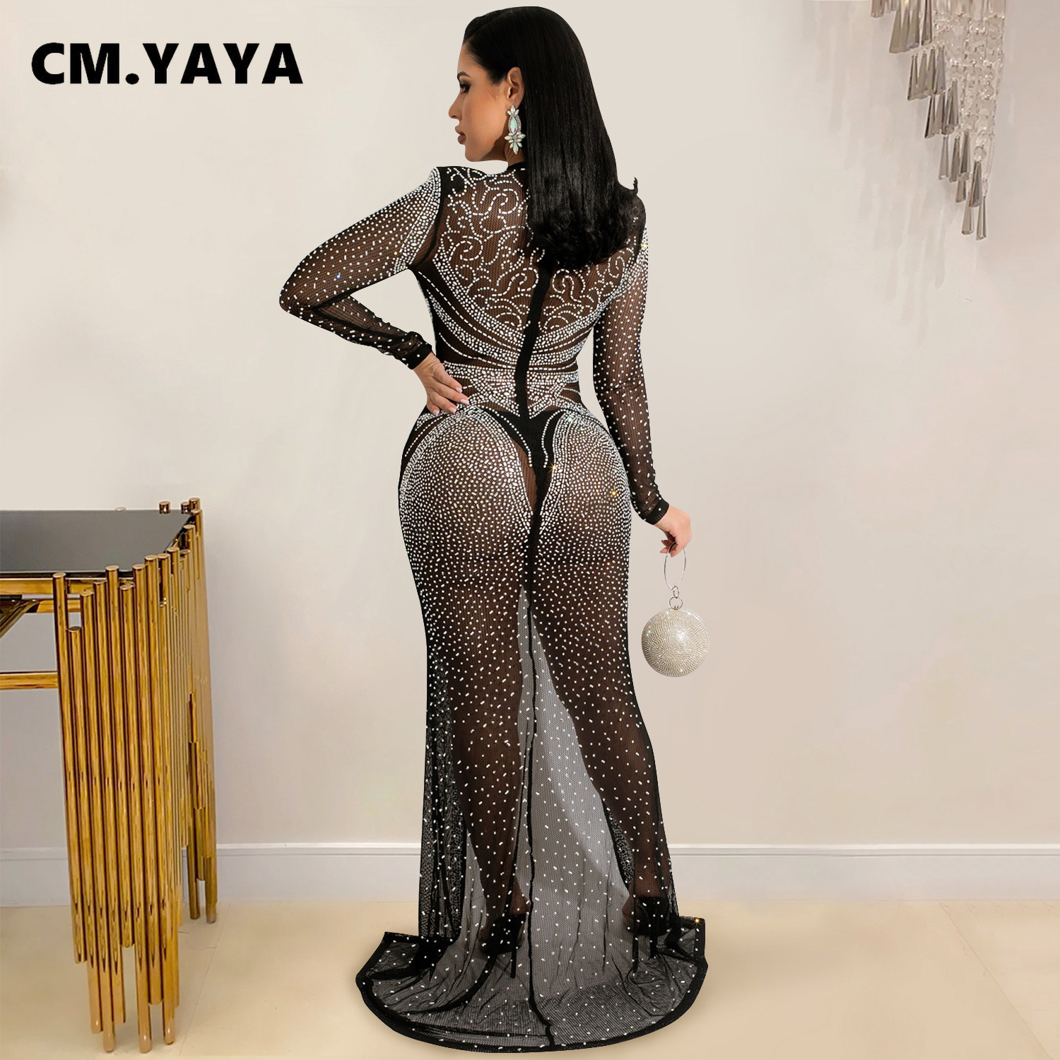 CM.YAYA Women Diamonds Hot Drill Mesh See Though High Split Bodycon Long Sleeve Maxi Long Dress Sexy Night Party Pencil Dresses