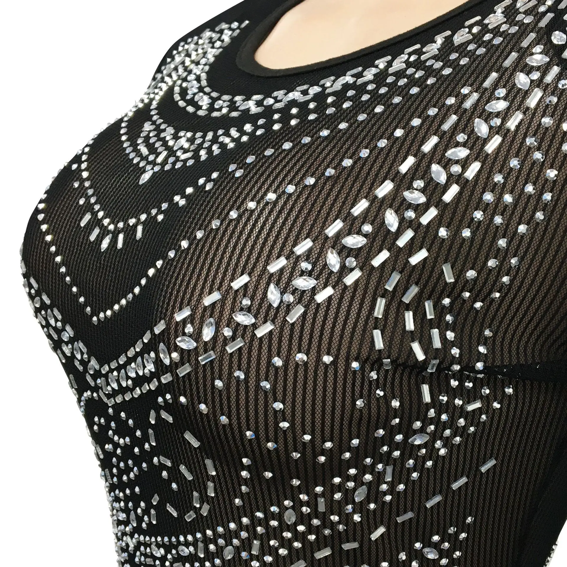 CM.YAYA Women Diamonds Hot Drill Mesh See Though High Split Bodycon Long Sleeve Maxi Long Dress Sexy Night Party Pencil Dresses