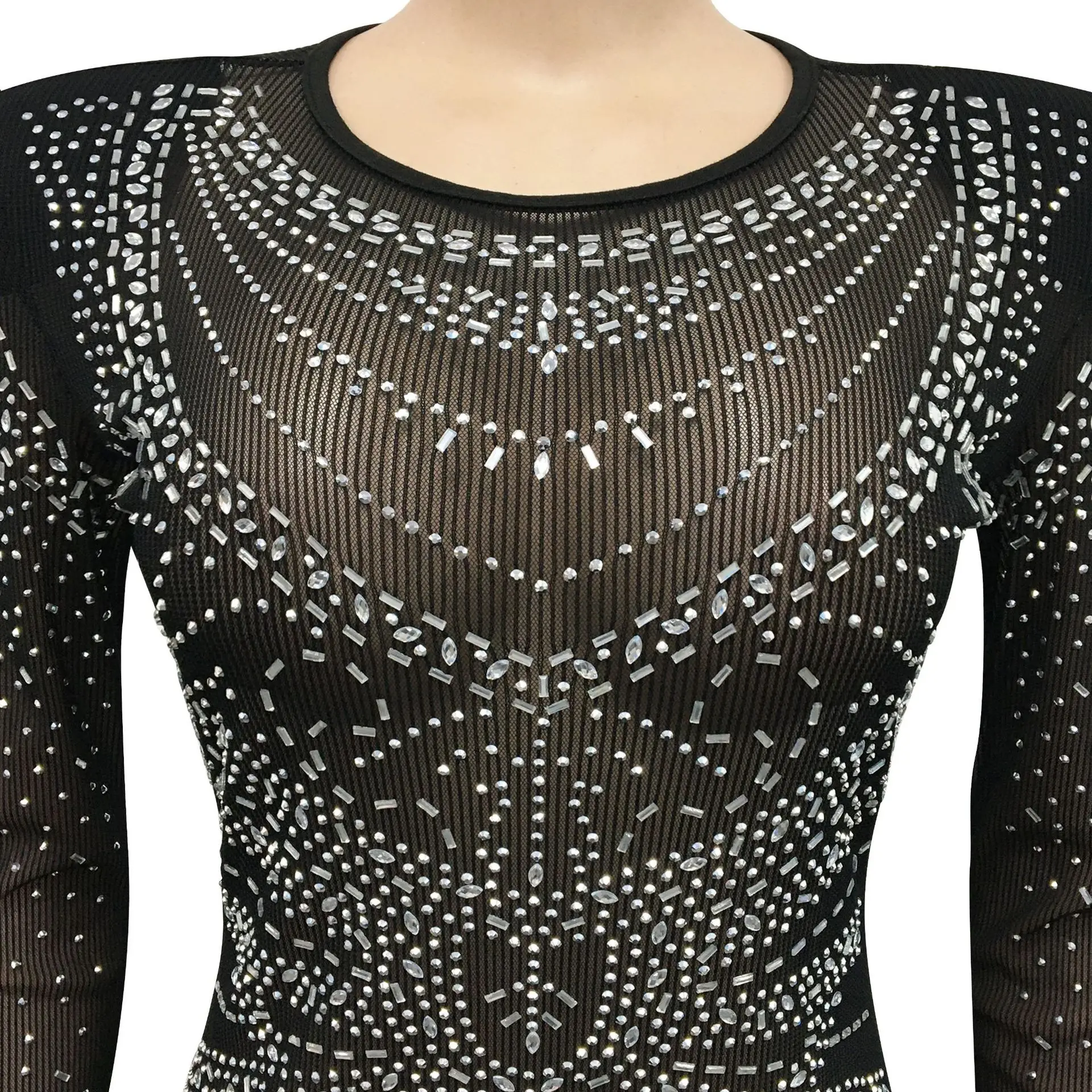 CM.YAYA Women Diamonds Hot Drill Mesh See Though High Split Bodycon Long Sleeve Maxi Long Dress Sexy Night Party Pencil Dresses