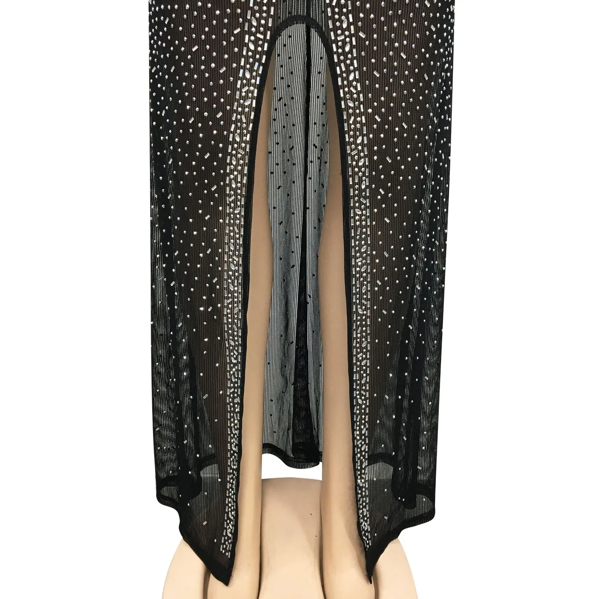 CM.YAYA Women Diamonds Hot Drill Mesh See Though High Split Bodycon Long Sleeve Maxi Long Dress Sexy Night Party Pencil Dresses