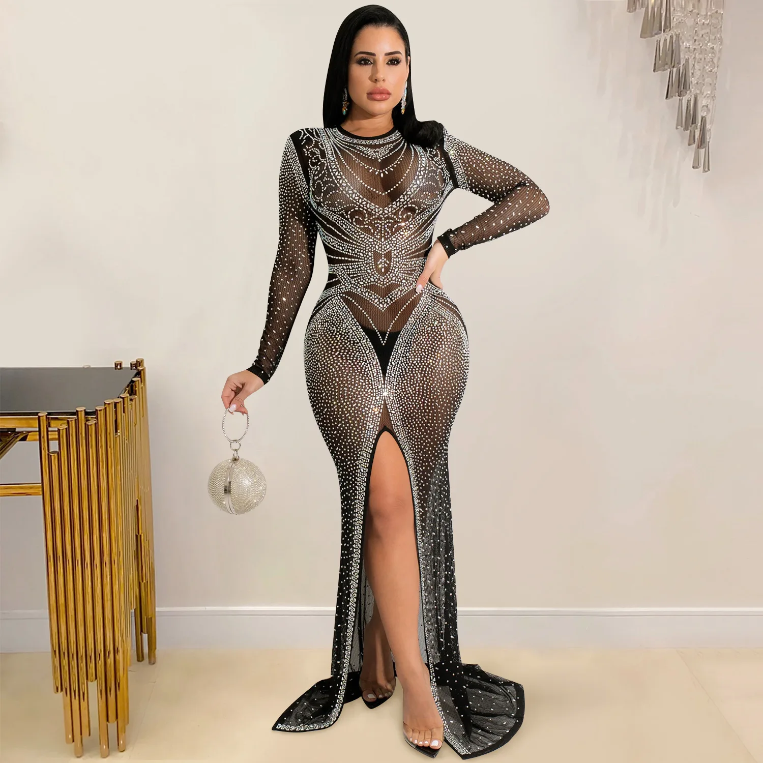 CM.YAYA Women Diamonds Hot Drill Mesh See Though High Split Bodycon Long Sleeve Maxi Long Dress Sexy Night Party Pencil Dresses