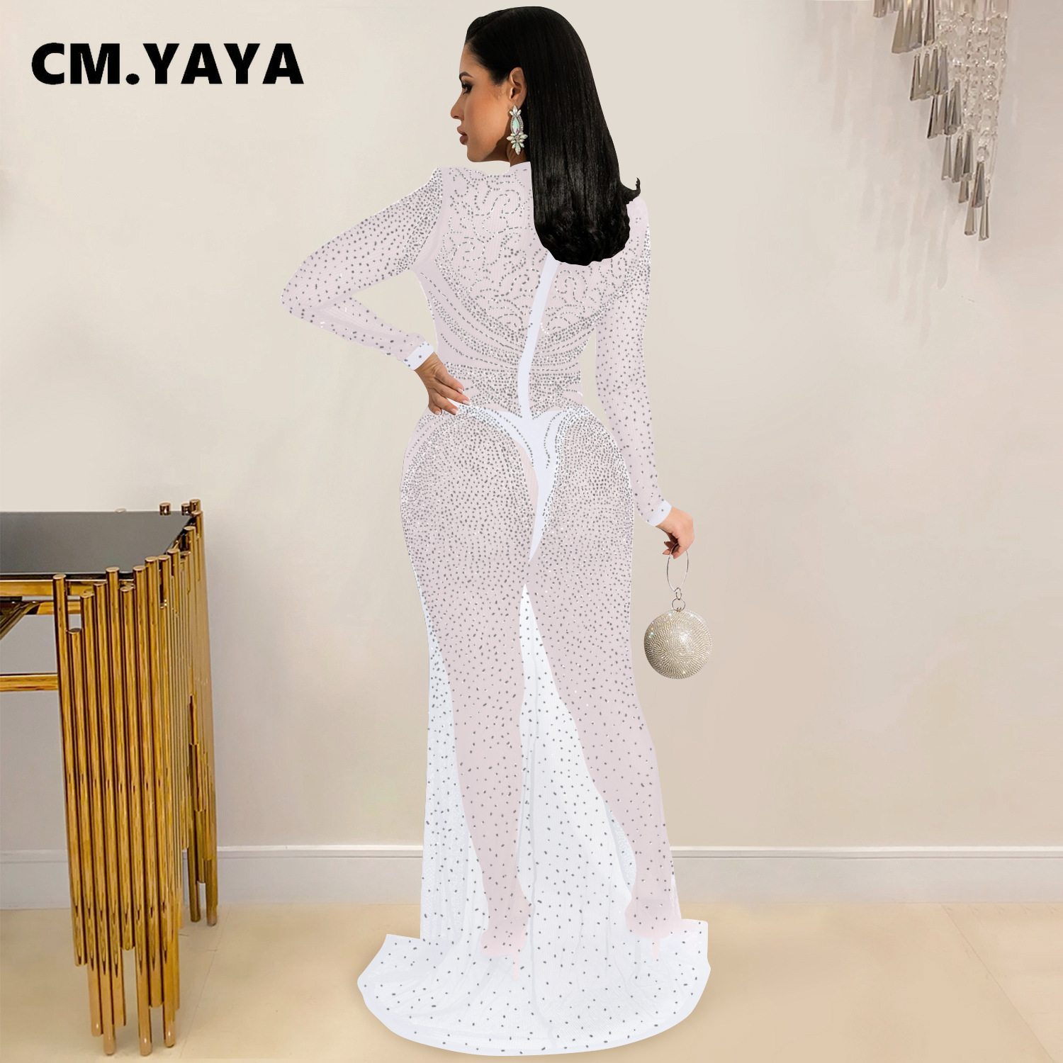 CM.YAYA Women Diamonds Hot Drill Mesh See Though High Split Bodycon Long Sleeve Maxi Long Dress Sexy Night Party Pencil Dresses