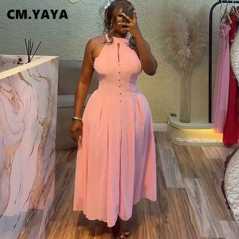 CM.YAYA Women Halter Neck Button Front Big Swing Smock Maxi Long Dress 2025 Summer Beach Birthday Sexy Party Evening Dresses