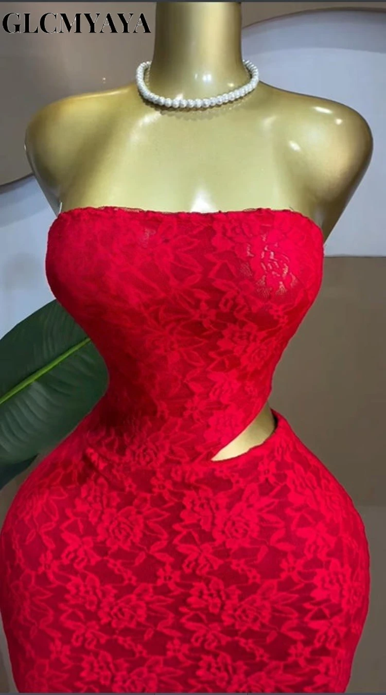 CM.YAYA Women Sleeveless Strapless Cutout Side Waist Bodycon Midi Lace Maxi Long Dress 2026 Sexy Birthday Party Trendy Dresses