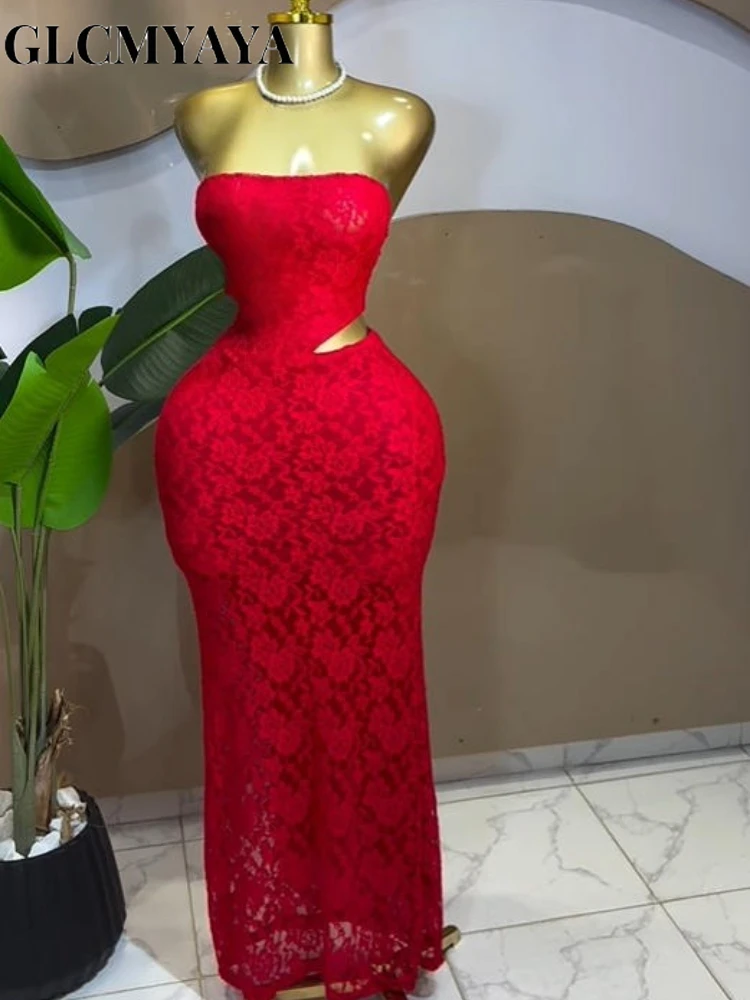 CM.YAYA Women Sleeveless Strapless Cutout Side Waist Bodycon Midi Lace Maxi Long Dress 2026 Sexy Birthday Party Trendy Dresses