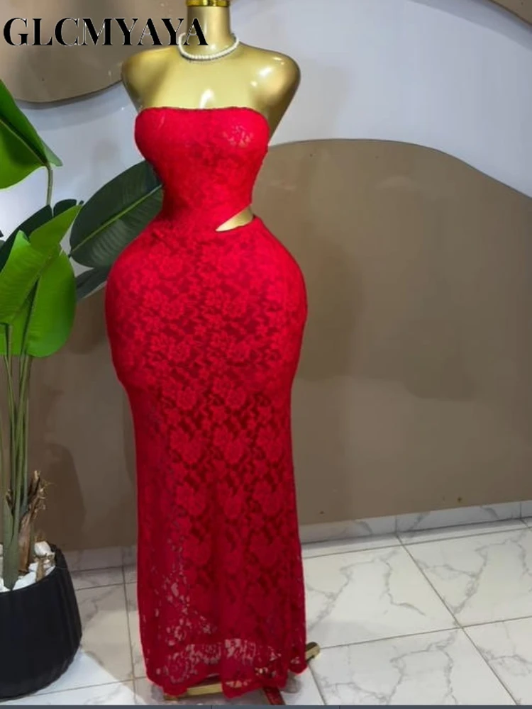 CM.YAYA Women Sleeveless Strapless Cutout Side Waist Bodycon Midi Lace Maxi Long Dress 2026 Sexy Birthday Party Trendy Dresses