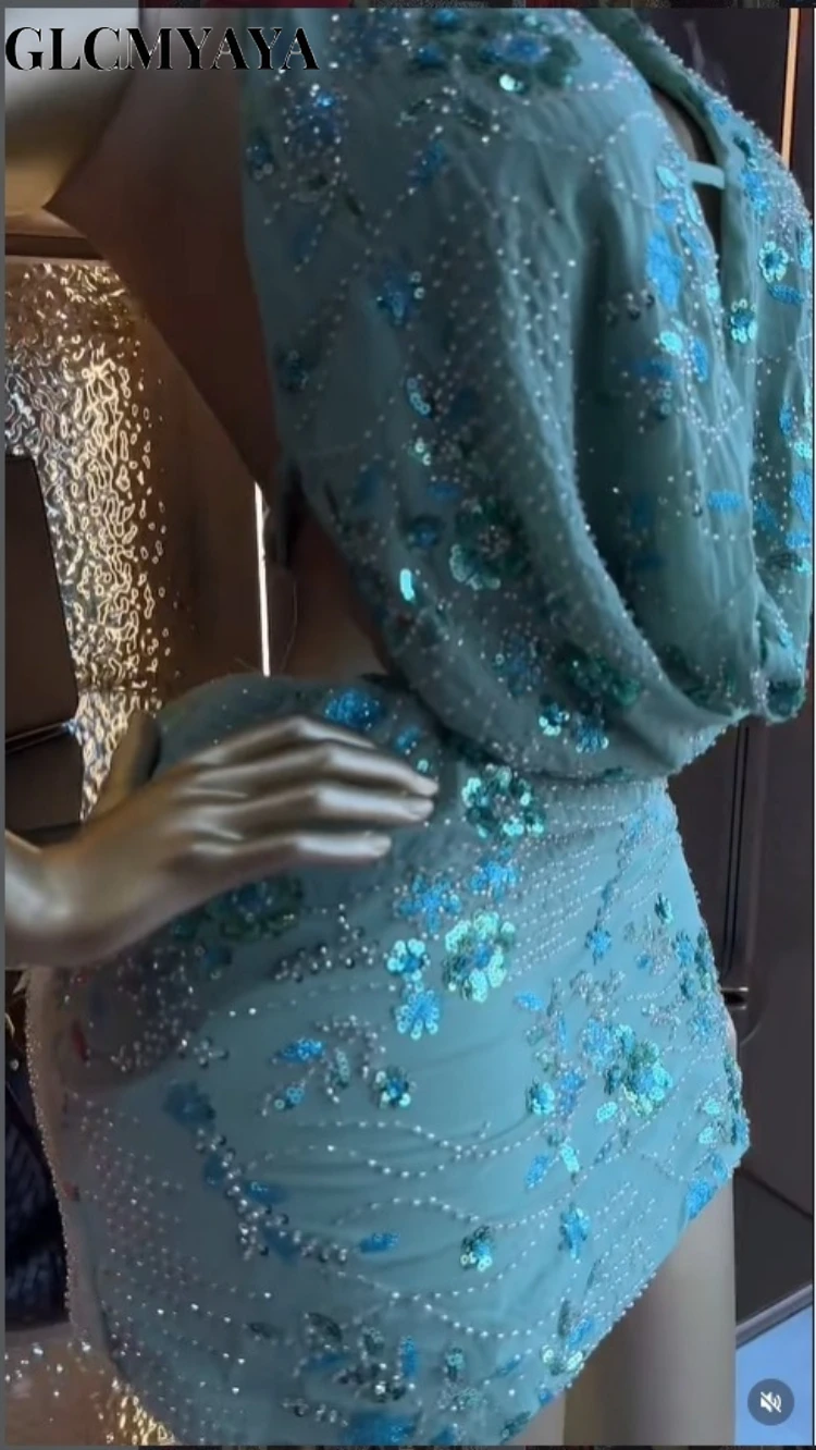 CM.YAYA Women's Sequins Halter Neck Backless Bodycon Midi Maxi Formal Dress 2026 Education Party Cocktail Night Out Mini Dresses