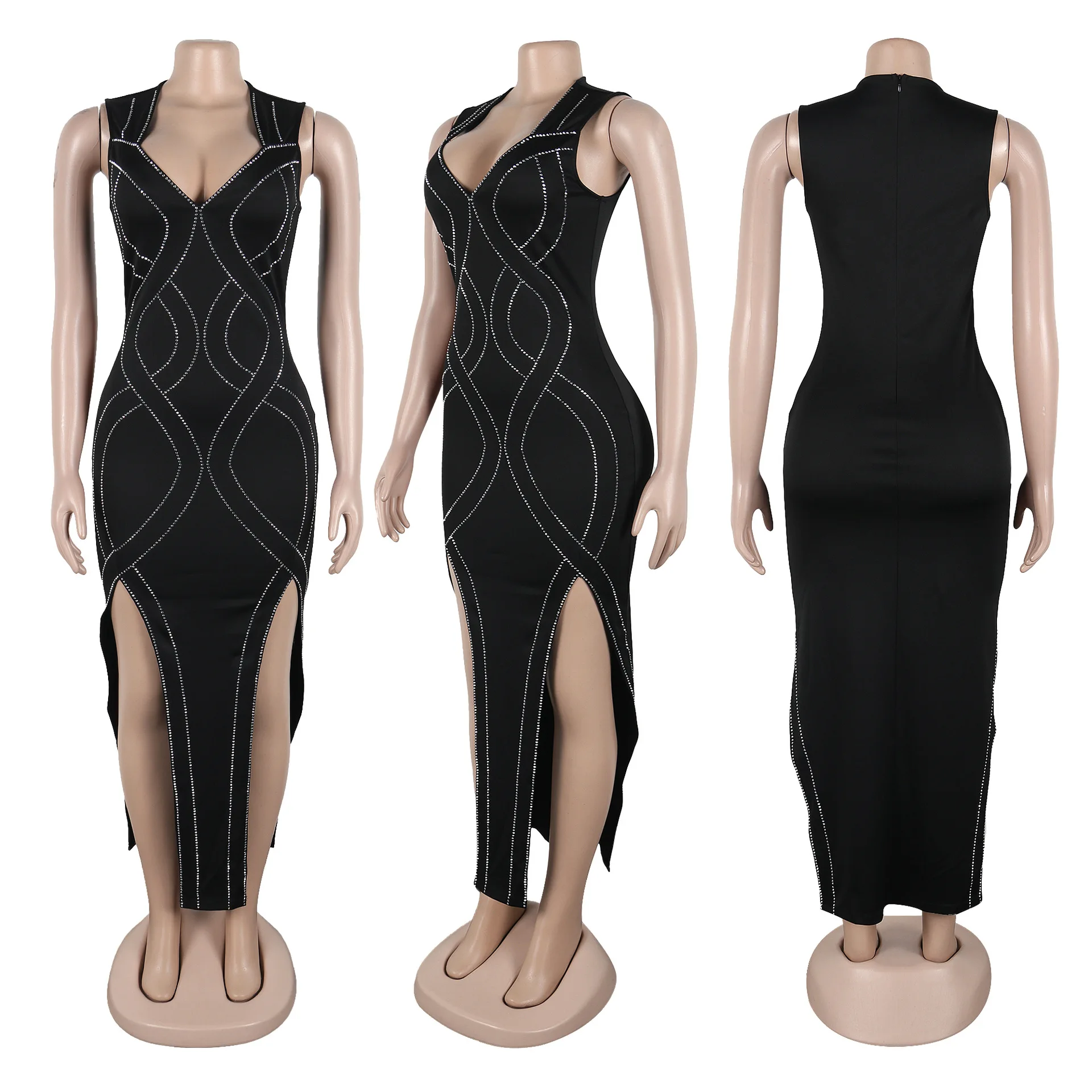 CM.YAYA 2025 Spring Diamonds Hot Rhinestones Cross V-neck Women Sleeveless Long Dress Birthday Party Evening Prom Maxi Dresses