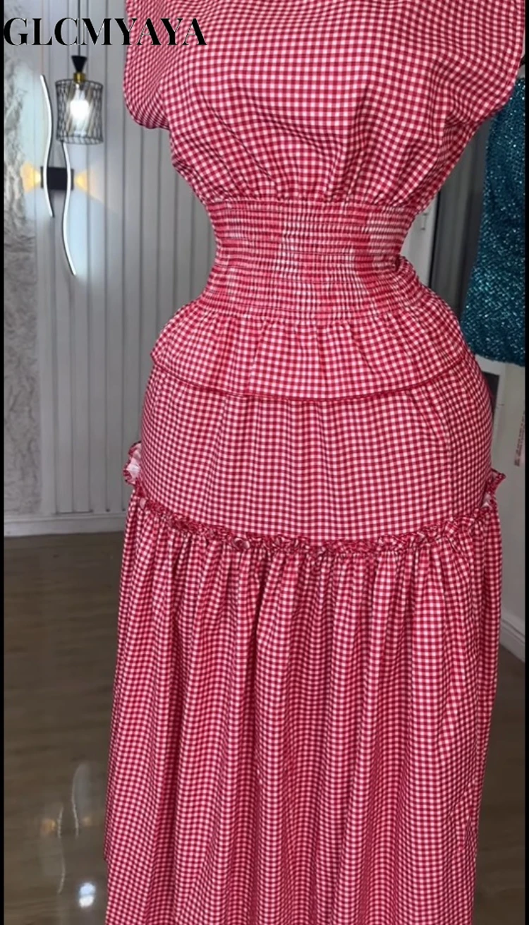 GLCMYAYA Women Plaid Ruffles A-line Smock Sleeveless Classic Maxi Long Dress 2025 Beach Vacation Holiday Party Birthday Dresses