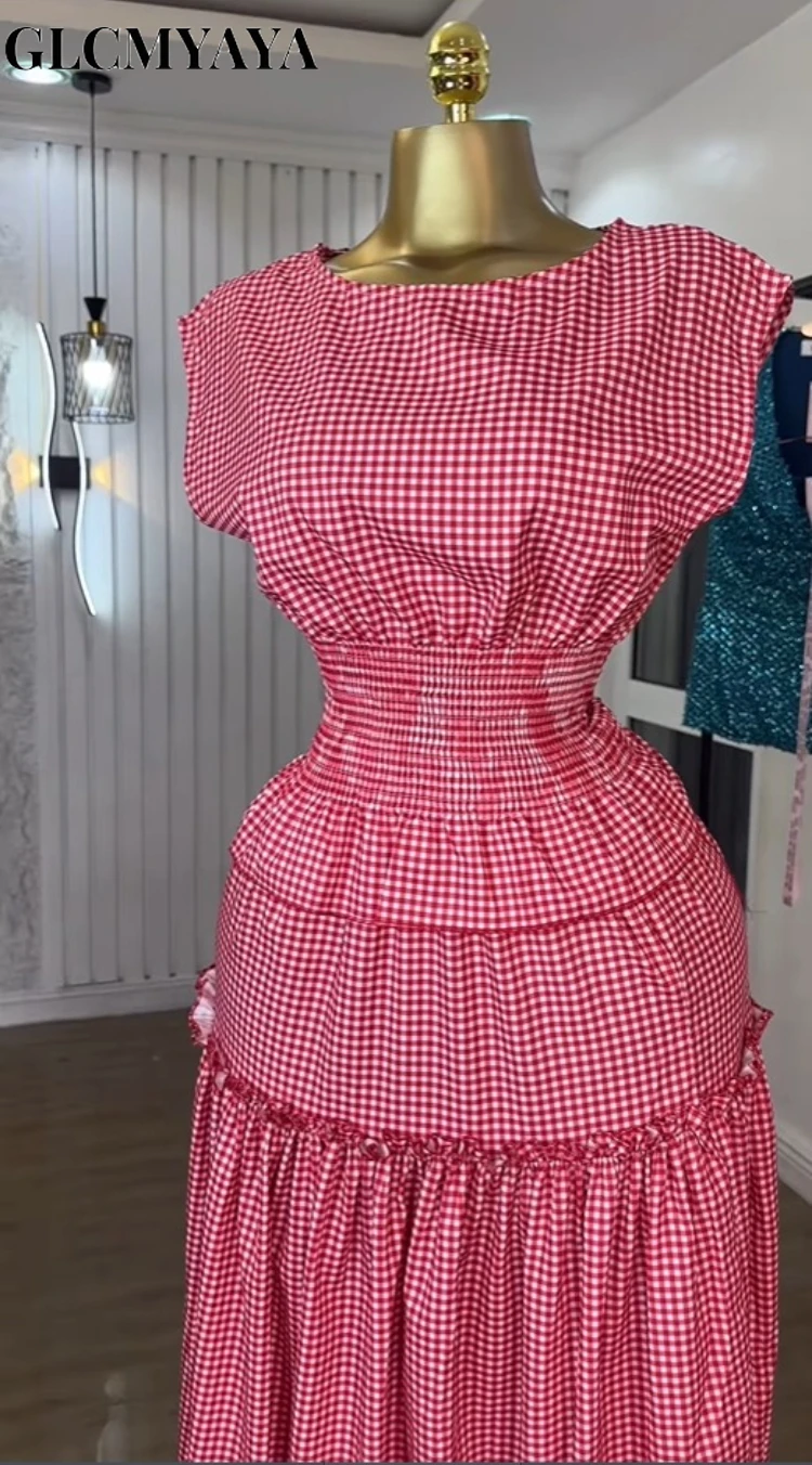 GLCMYAYA Women Plaid Ruffles A-line Smock Sleeveless Classic Maxi Long Dress 2025 Beach Vacation Holiday Party Birthday Dresses