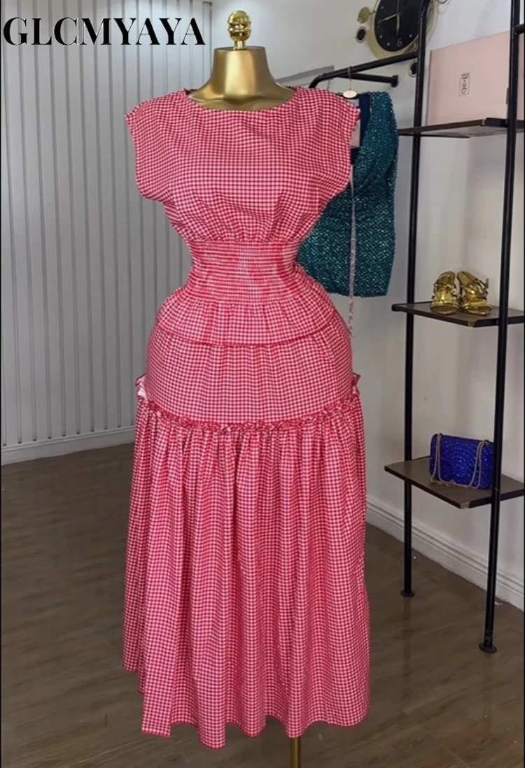 GLCMYAYA Women Plaid Ruffles A-line Smock Sleeveless Classic Maxi Long Dress 2025 Beach Vacation Holiday Party Birthday Dresses GLCMYAYA Women Plaid Ruffles A-line Smock Sleeveless Classic Maxi Long Dress 2025 Beach Vacation Holiday Party Birthday Dresses