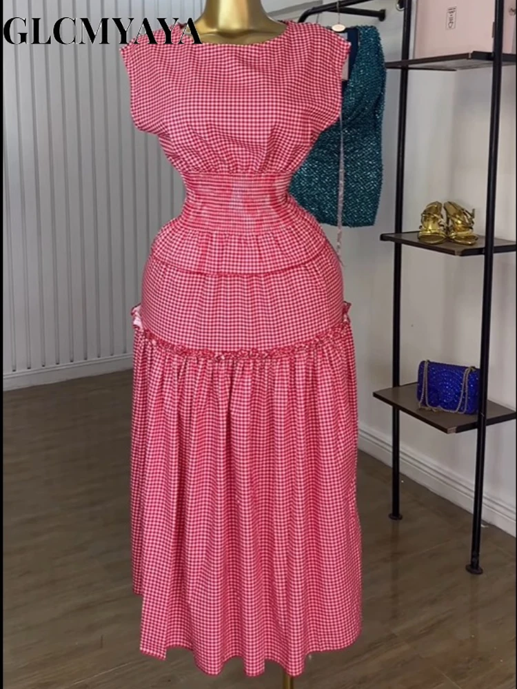 GLCMYAYA Women Plaid Ruffles A-line Smock Sleeveless Classic Maxi Long Dress 2025 Beach Vacation Holiday Party Birthday Dresses GLCMYAYA Women Plaid Ruffles A-line Smock Sleeveless Classic Maxi Long Dress 2025 Beach Vacation Holiday Party Birthday Dresses