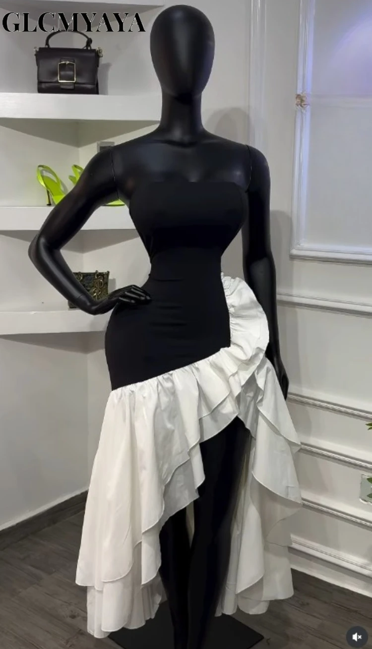 CM.YAYA Women Ruffles Splicing Side Split Asymmetrical Strapless Maxi Dress 2026 Party Education Holiday Long Dresses Vestidos