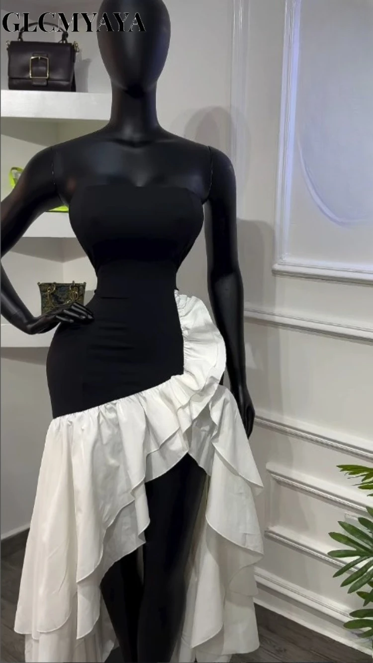 CM.YAYA Women Ruffles Splicing Side Split Asymmetrical Strapless Maxi Dress 2026 Party Education Holiday Long Dresses Vestidos