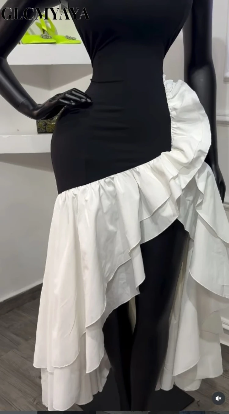 CM.YAYA Women Ruffles Splicing Side Split Asymmetrical Strapless Maxi Dress 2026 Party Education Holiday Long Dresses Vestidos