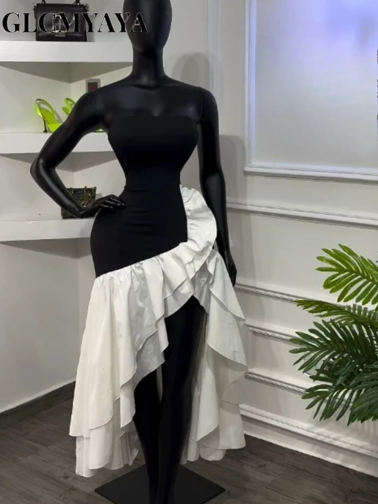 CM.YAYA Women Ruffles Splicing Side Split Asymmetrical Strapless Maxi Dress 2026 Party Education Holiday Long Dresses Vestidos