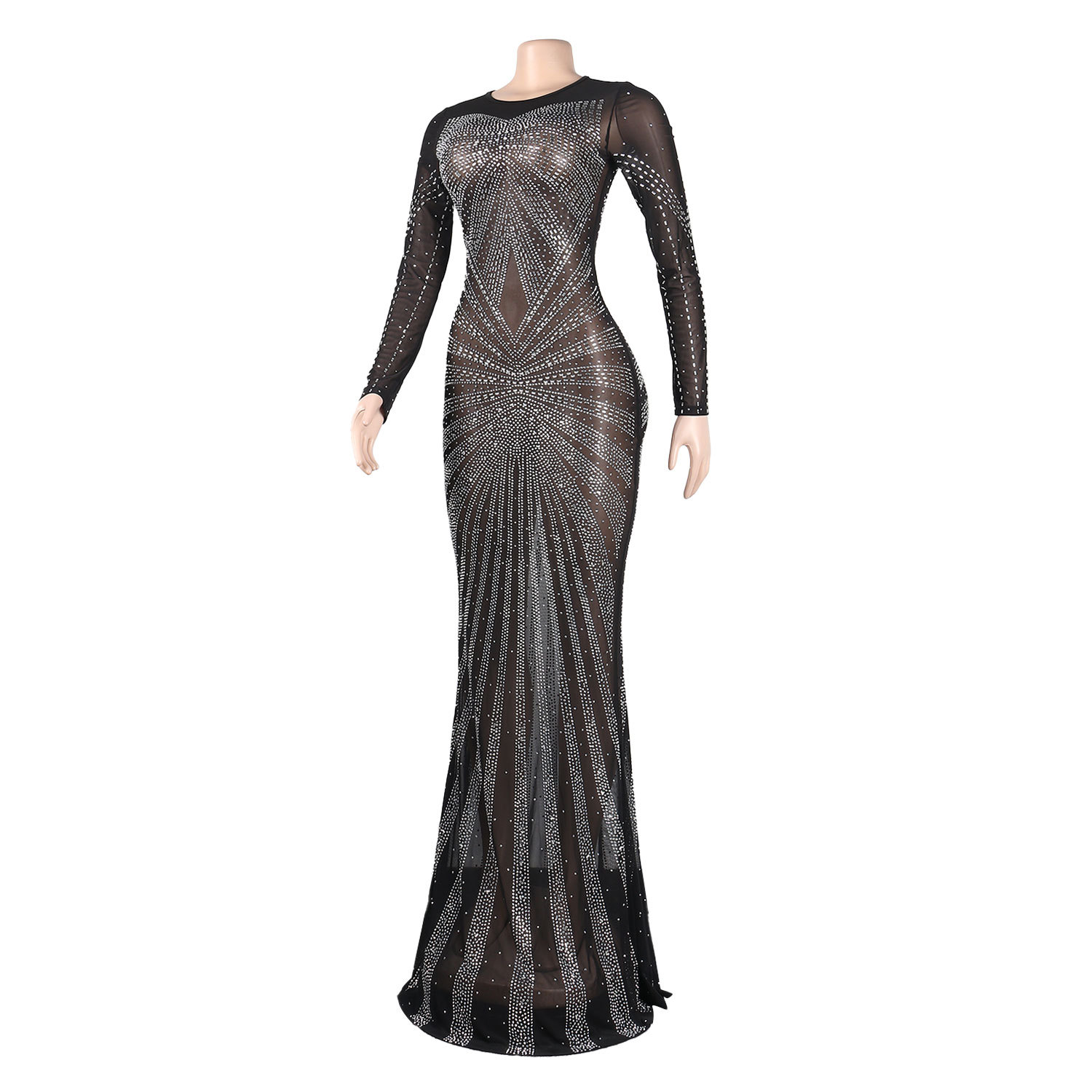CM.YAYA Women Mesh Patchwork Diamonds Hot Rhinestones Bodycon Midi Mermaid Maxi Dress 2023 Evening Sexy Party Dresses Vestidos