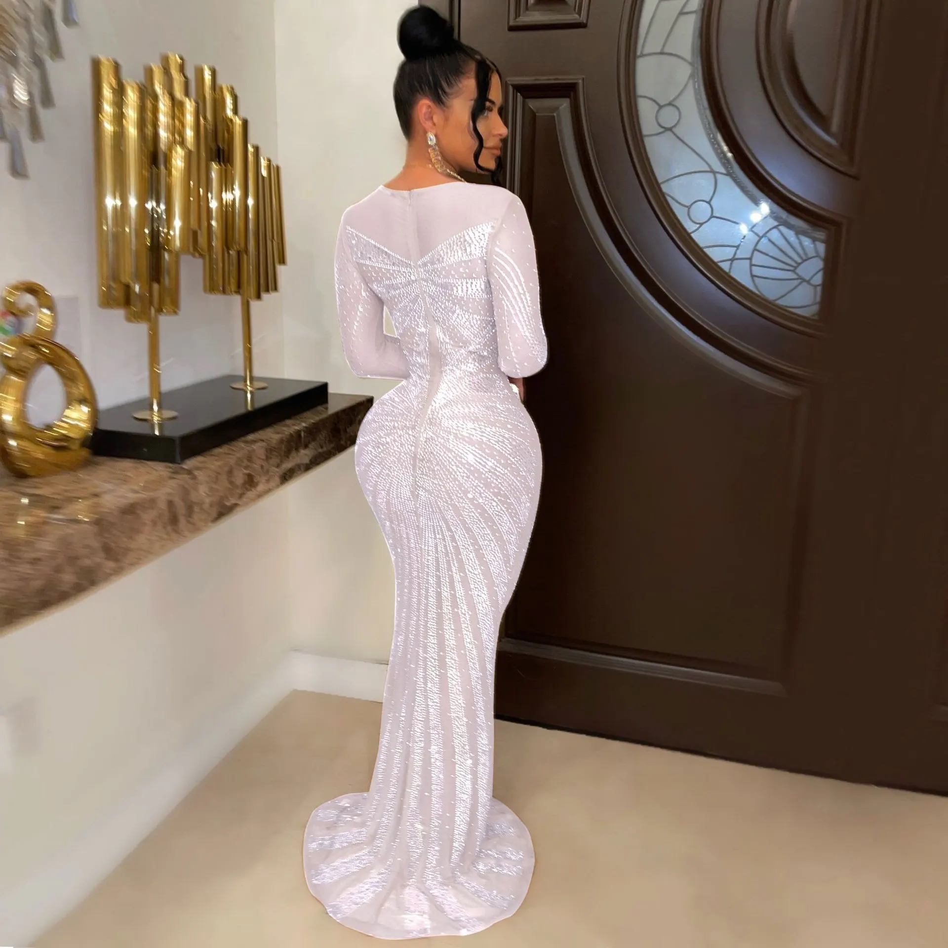 CM.YAYA Women Mesh Patchwork Diamonds Hot Rhinestones Bodycon Midi Mermaid Maxi Dress 2023 Evening Sexy Party Dresses Vestidos