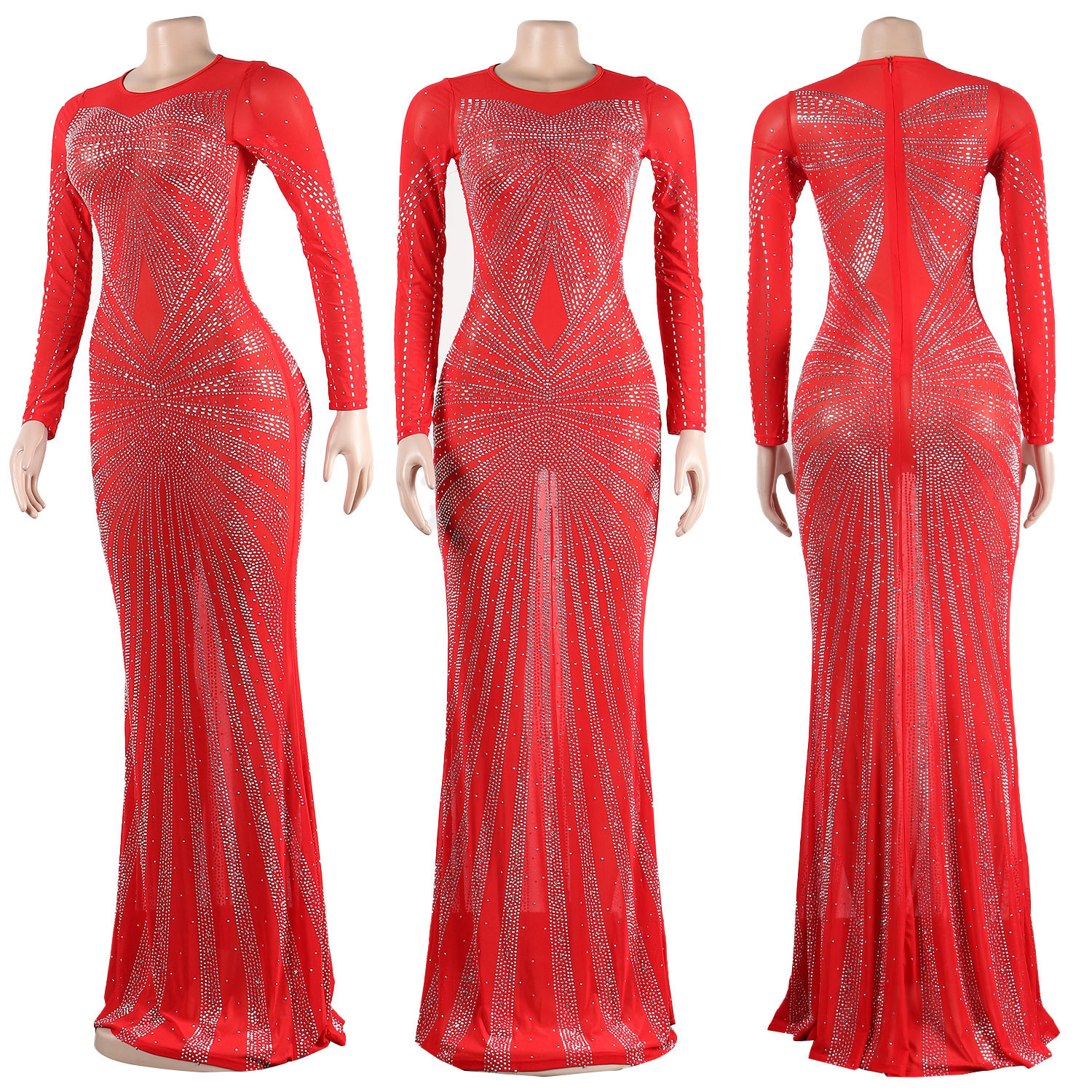 CM.YAYA Women Mesh Patchwork Diamonds Hot Rhinestones Bodycon Midi Mermaid Maxi Dress 2023 Evening Sexy Party Dresses Vestidos