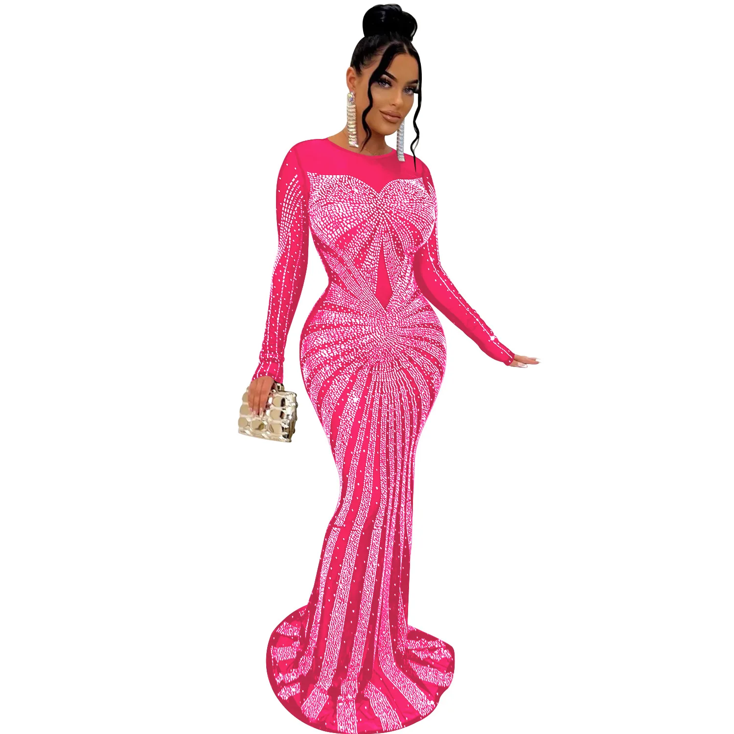 CM.YAYA Women Mesh Patchwork Diamonds Hot Rhinestones Bodycon Midi Mermaid Maxi Dress 2023 Evening Sexy Party Dresses Vestidos