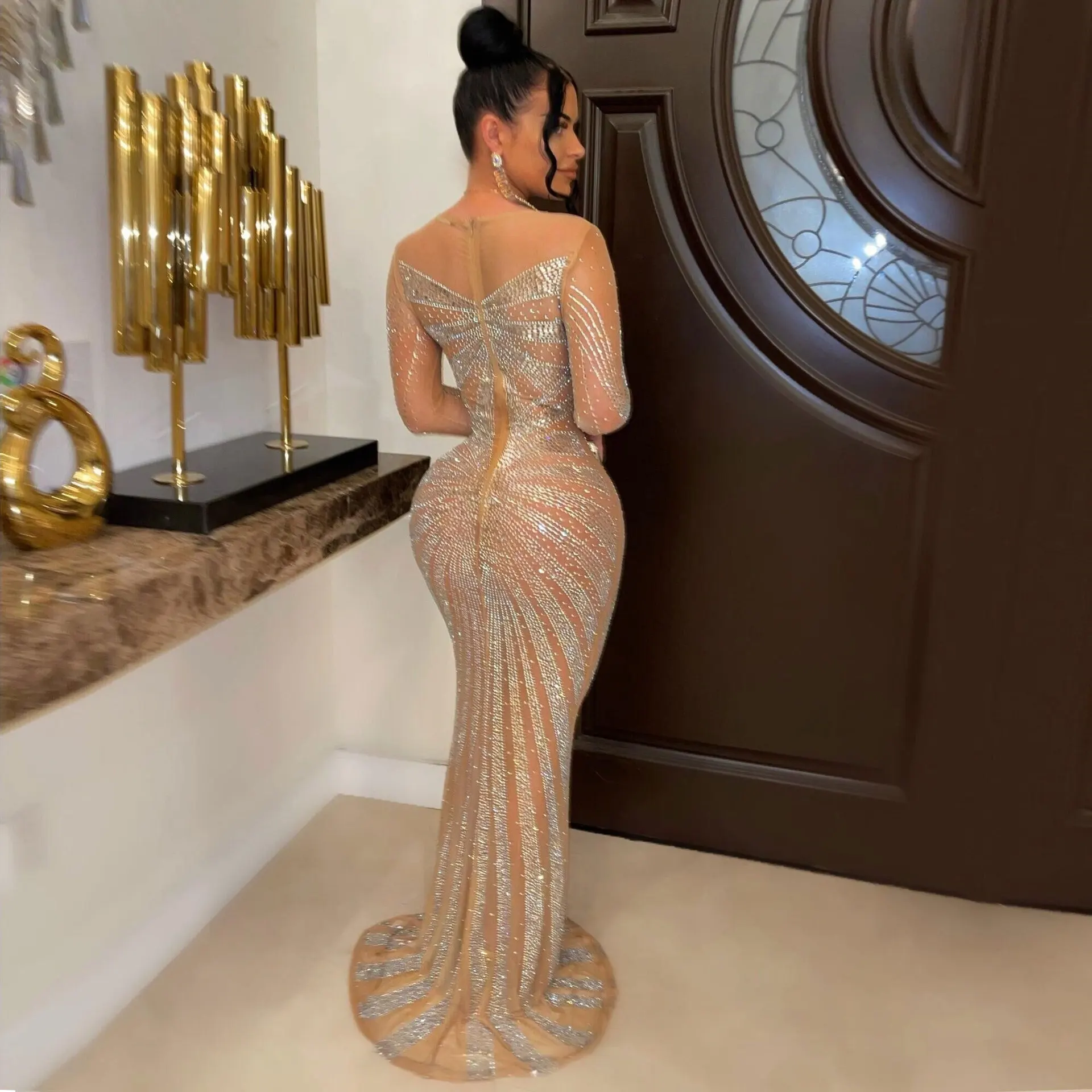 CM.YAYA Women Mesh Patchwork Diamonds Hot Rhinestones Bodycon Midi Mermaid Maxi Dress 2023 Evening Sexy Party Dresses Vestidos