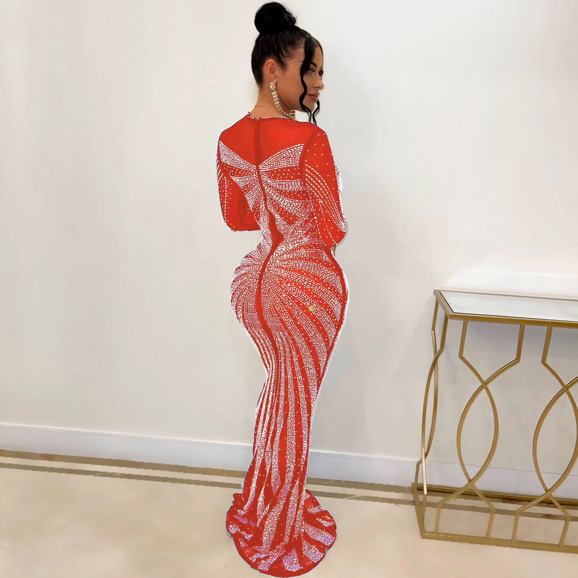 CM.YAYA Women Mesh Patchwork Diamonds Hot Rhinestones Bodycon Midi Mermaid Maxi Dress 2023 Evening Sexy Party Dresses Vestidos