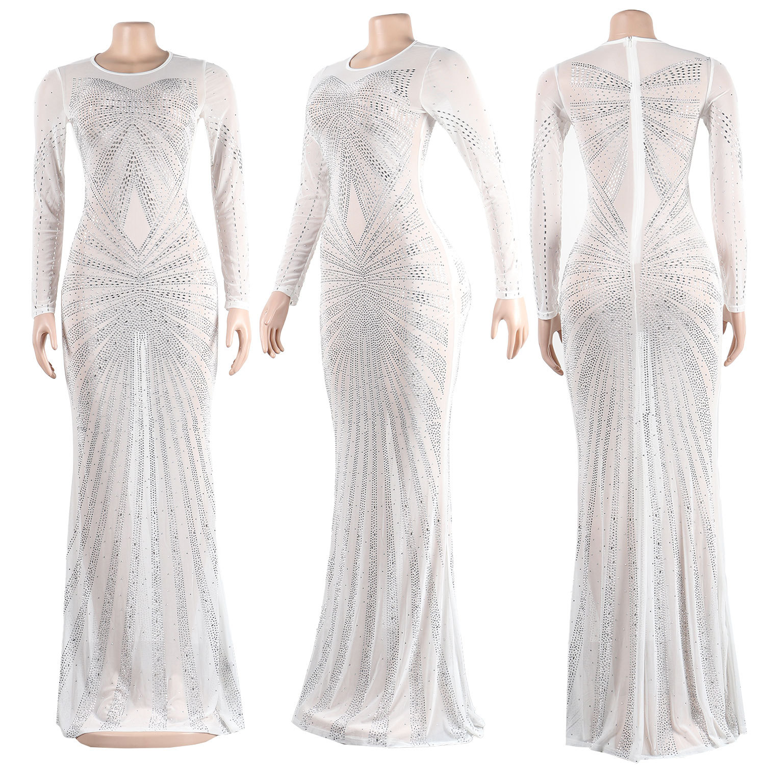 CM.YAYA Women Mesh Patchwork Diamonds Hot Rhinestones Bodycon Midi Mermaid Maxi Dress 2023 Evening Sexy Party Dresses Vestidos