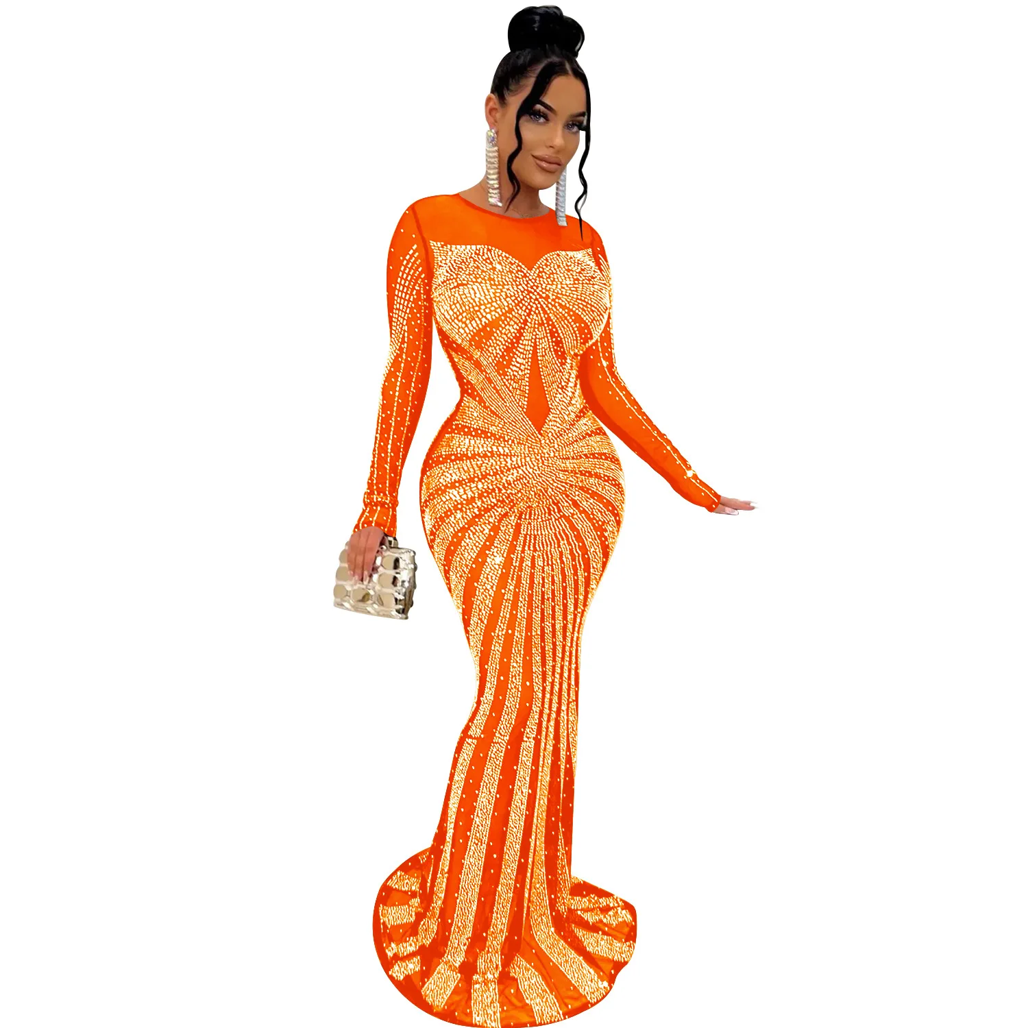 CM.YAYA Women Mesh Patchwork Diamonds Hot Rhinestones Bodycon Midi Mermaid Maxi Dress 2023 Evening Sexy Party Dresses Vestidos