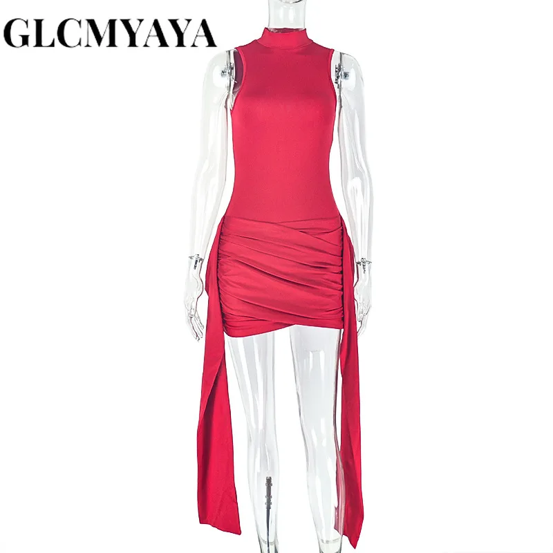 CM.YAYA Women Ruched Ribbon Sleeveless Bodycon Midi Mini Dress 2026 Spring Evening Beach Sexy Birthday Party Trendy Dresses