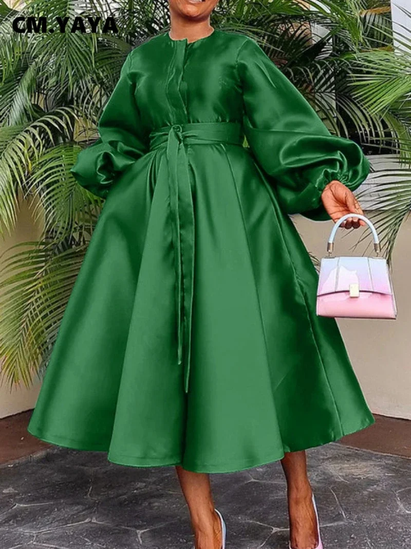 CM.YAYA Women Lantern Long Sleeve Button Front with Sashes Big Swing Satin Retro Dress 2024 Street Even Party Dresses Vestidos