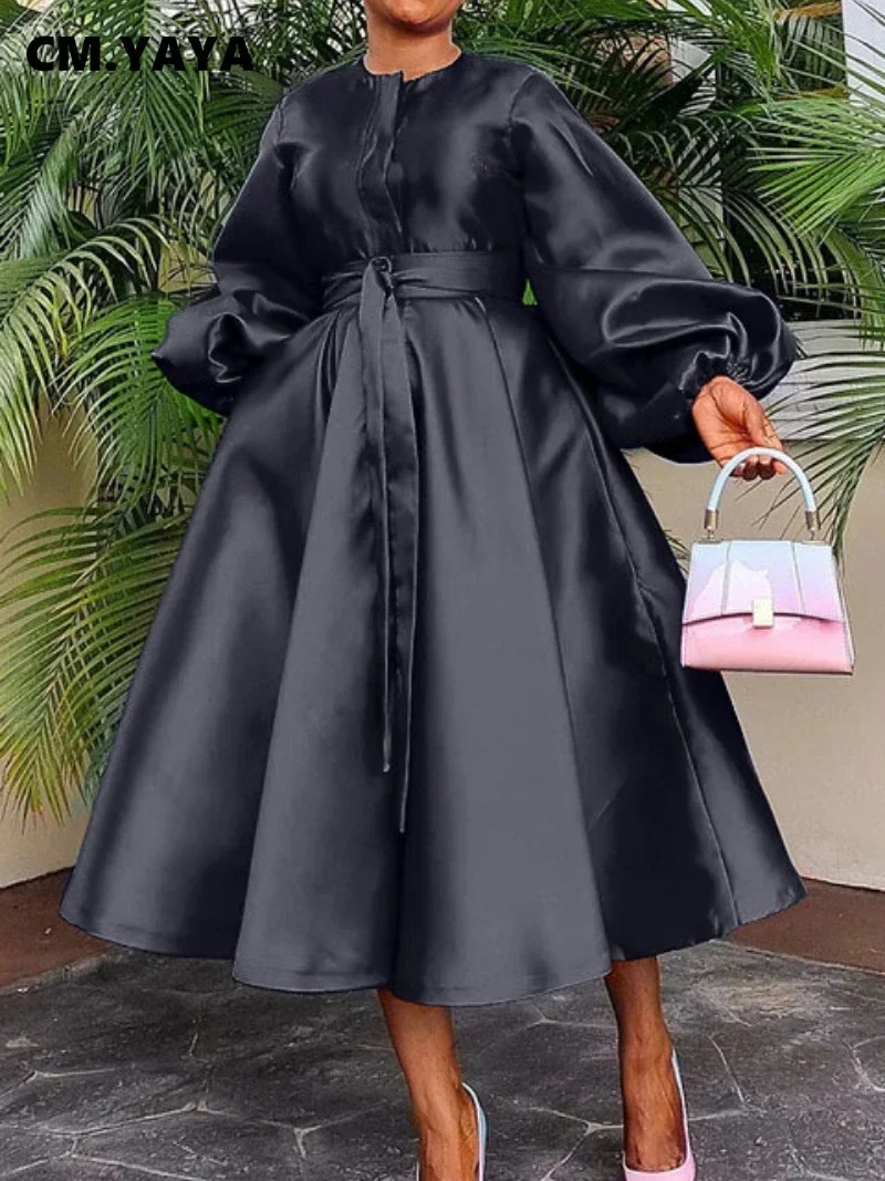 CM.YAYA Women Lantern Long Sleeve Button Front with Sashes Big Swing Satin Retro Dress 2024 Street Even Party Dresses Vestidos