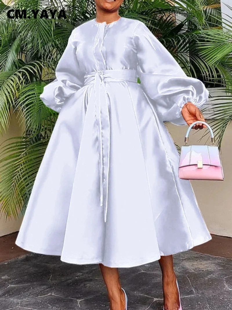 CM.YAYA Women Lantern Long Sleeve Button Front with Sashes Big Swing Satin Retro Dress 2024 Street Even Party Dresses Vestidos