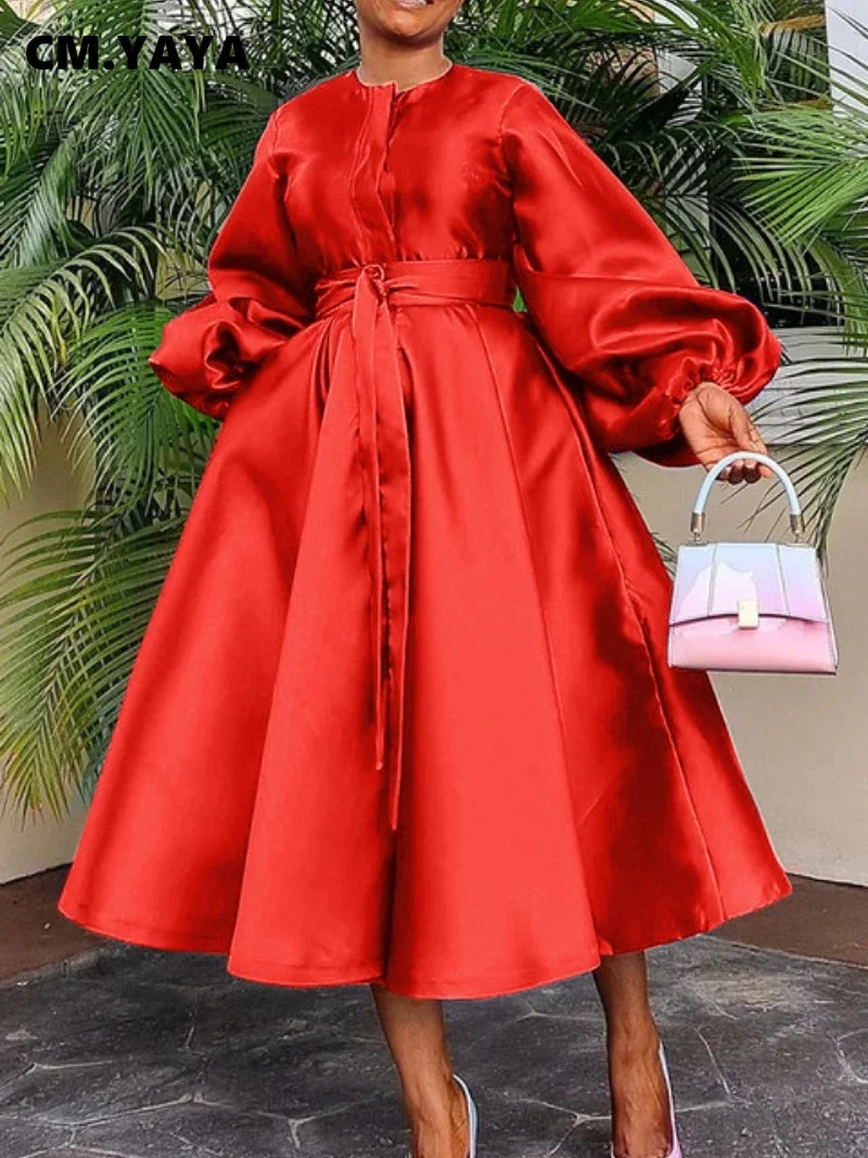 CM.YAYA Women Lantern Long Sleeve Button Front with Sashes Big Swing Satin Retro Dress 2024 Street Even Party Dresses Vestidos