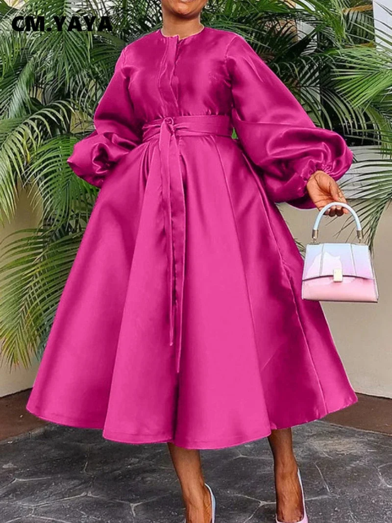 CM.YAYA Women Lantern Long Sleeve Button Front with Sashes Big Swing Satin Retro Dress 2024 Street Even Party Dresses Vestidos