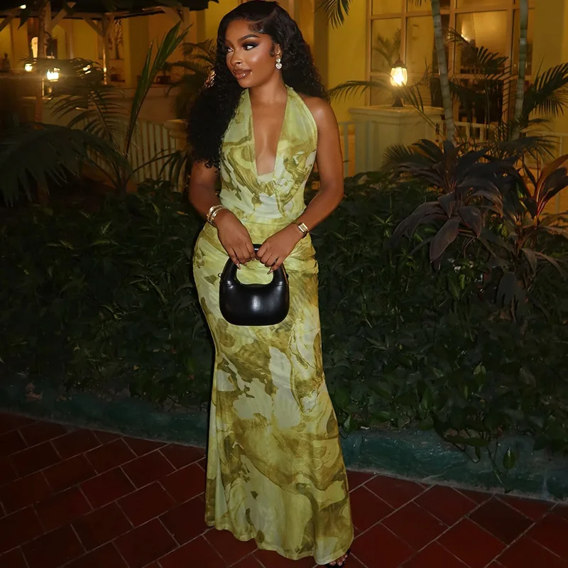 CM.YAYA Women Sleeveless Ruched Halter V-neck High Waist Long Maxi Dress Print Birthday Night Club Party Vestidos Sexy Dresses