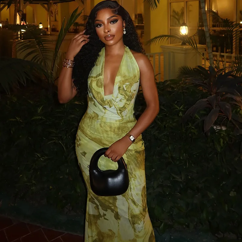 CM.YAYA Women Sleeveless Ruched Halter V-neck High Waist Long Maxi Dress Print Birthday Night Club Party Vestidos Sexy Dresses