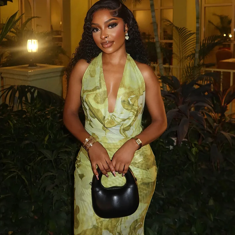 CM.YAYA Women Sleeveless Ruched Halter V-neck High Waist Long Maxi Dress Print Birthday Night Club Party Vestidos Sexy Dresses