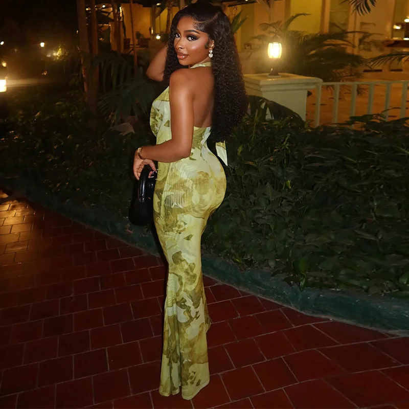 CM.YAYA Women Sleeveless Ruched Halter V-neck High Waist Long Maxi Dress Print Birthday Night Club Party Vestidos Sexy Dresses