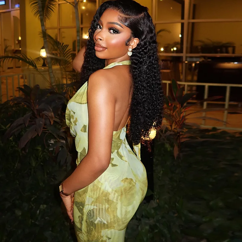 CM.YAYA Women Sleeveless Ruched Halter V-neck High Waist Long Maxi Dress Print Birthday Night Club Party Vestidos Sexy Dresses