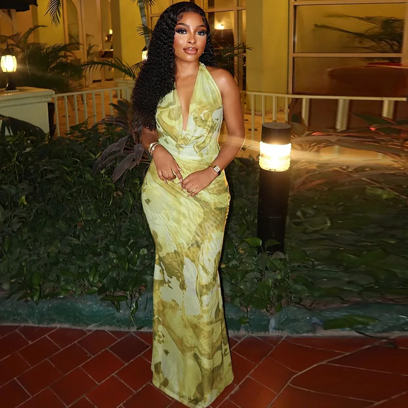 CM.YAYA Women Sleeveless Ruched Halter V-neck High Waist Long Maxi Dress Print Birthday Night Club Party Vestidos Sexy Dresses