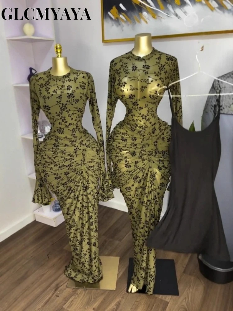 CM.YAYA Women Floral Print See Though Bodycon Floor Length Long Dress 2026 Spring Birthday Vacation Street Maxi Dresses Vestidos